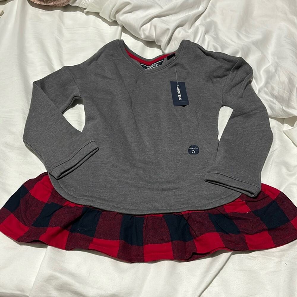 Land End M 5/6 grey sweatshirt red black buffalo plaid skirt peplum hem nwt